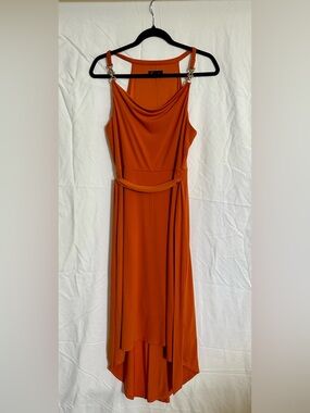 Sleeveless Rust High-Low Dress with Drape Neck - Small